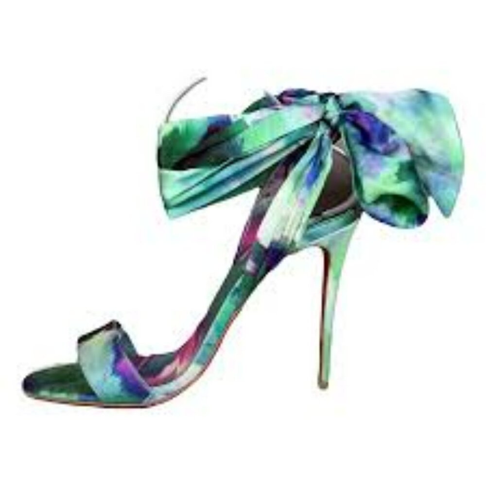 Christian Louboutin Multicolor Green-Blue Floral Silk Bow Ankle Strap Sandals